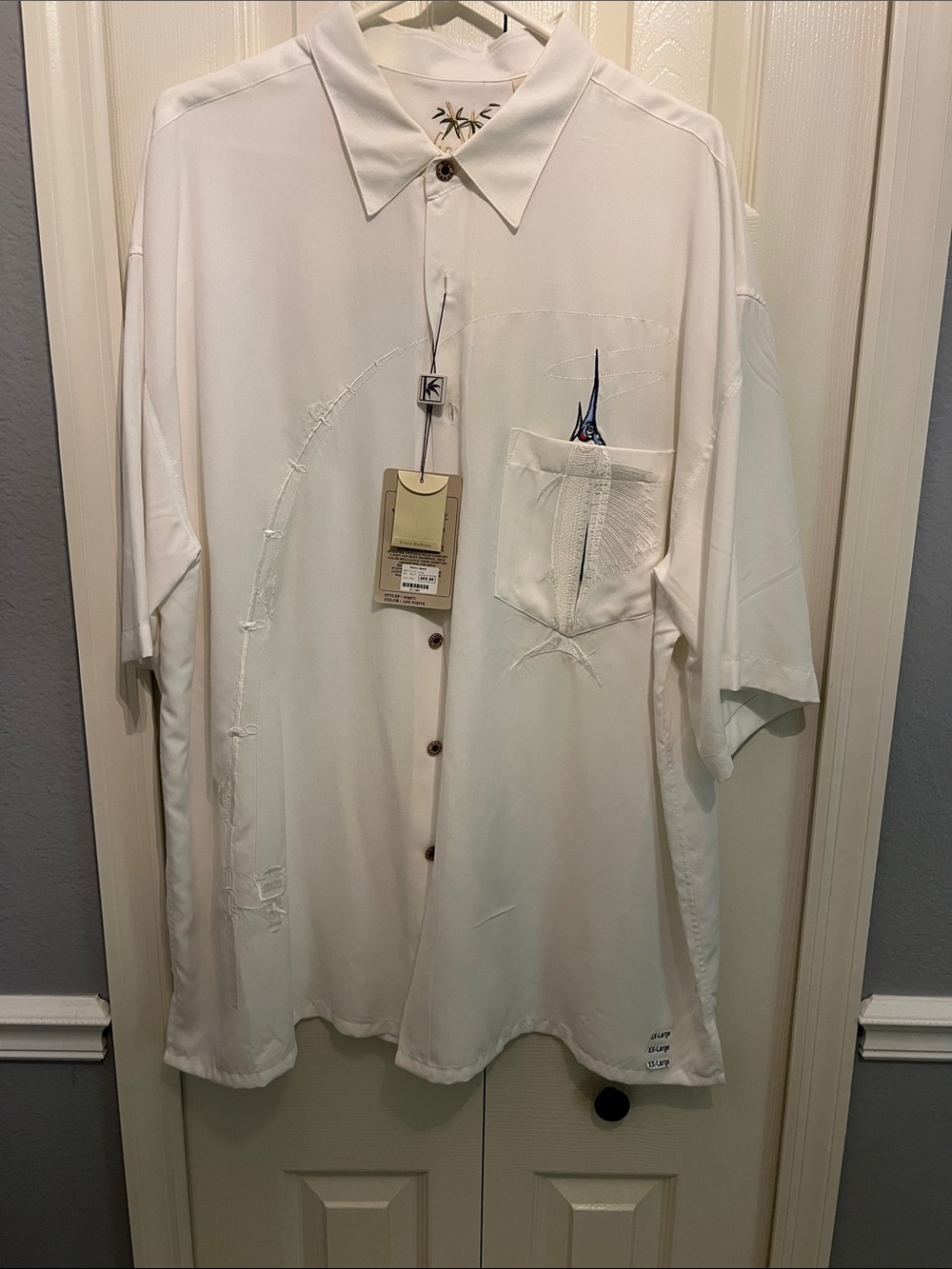 Men's Off White Short-Sleeve Button-Down Shirt with Subtle Embroidery - Picture 1 of 9